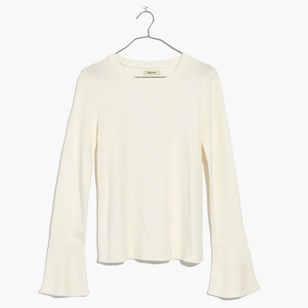 Madewell‎ Ivory Ribbed Bell Sleeve Crew Neck Knit Top Women Size L